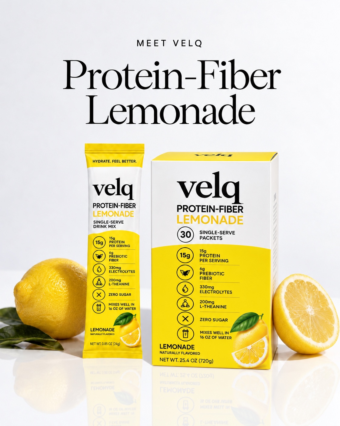 Original Velq protein-fiber lemonade box and single-serve packet with lemons